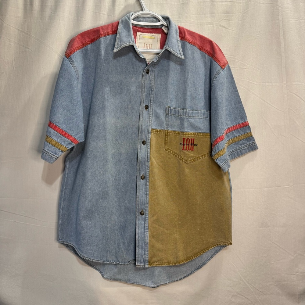 Vintage I.O.U. Colour Block Denim Short Sleeve Shirt 90s Unisex Collectible Sz 8